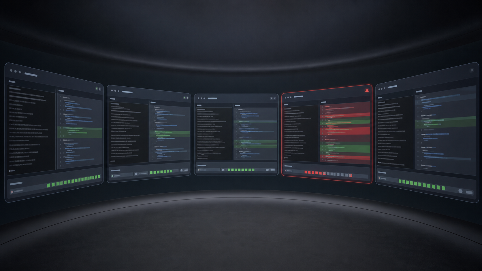 Five virtual agent workspaces with one suspicious diff highlighted