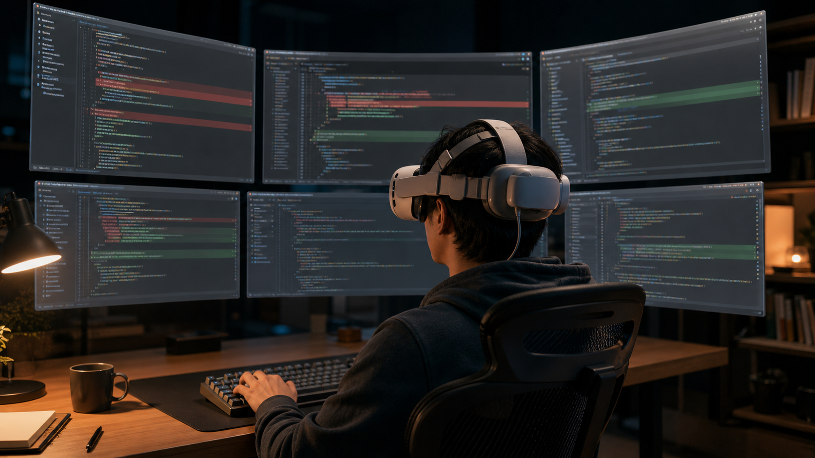一位開發者戴著VR頭顯，沉浸在漂浮的程式碼視窗中。